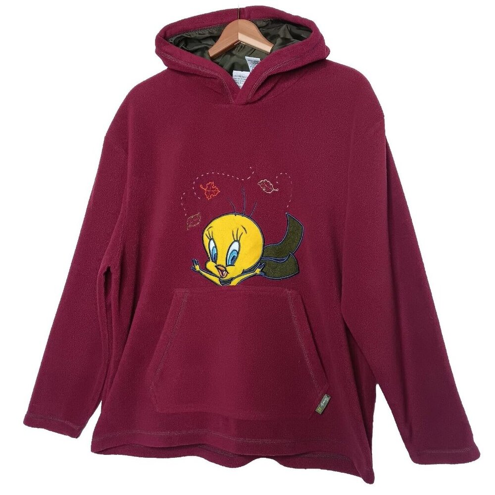 Vintage Looney Tunes Tweety Bird XL Sweatshirt Fall Leaves Maroon Fleece Hooded